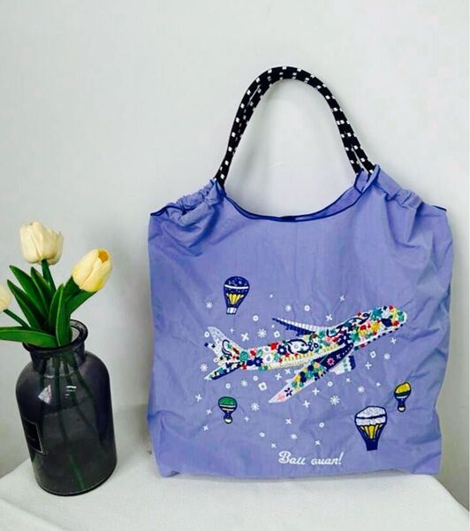 エコバッグ トートバッグ 刺繍 大容量 軽量 撥水 ナイロン 可愛い 飛行機 人気 オシャレ 夏 レディース 買い物バッグ