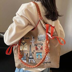 ショルダーストラップつき 大容量 エコバッグ 刺繍 撥水 軽量 人気 2way 春 夏 旅行 普段使い 海外 バック かばん