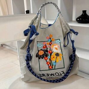 エコバッグ ショルダーベルト付 2way 大容量 軽量 トートバッグ 刺繍 春夏 通勤 通学 マザーズバッグ まま 学生