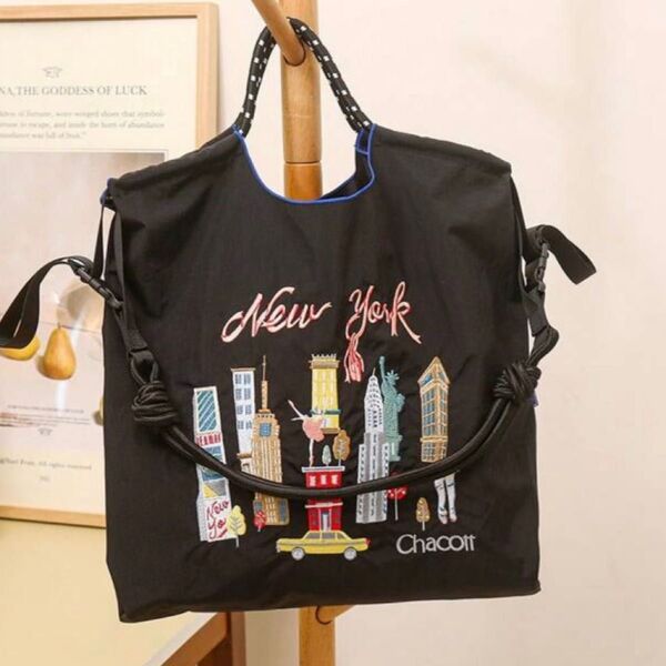 ブラック ショルダー紐つき 買い物バッグ 刺繍バッグ 人気 トートバッグ ボールアンドチェーン エコバッグ ハンドバッグ 肩掛け