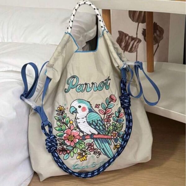 ショルダーベルト付 トートバッグ エコバッグ グレー 大容量 M 花柄刺繍 鳥 インコ 刺繍バッグ 2way 肩掛け