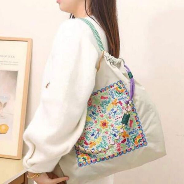ショルダーベルトつき ストラップ 刺繍 2way エコバッグ ナイロン 花柄刺繍 トートバッグ 夏 軽い