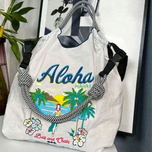 ショルダーストラップつき エコバッグ トートバッグ 刺繍 アロハ 夏 海 キャンプ ナイロン 軽量 可愛い レディース