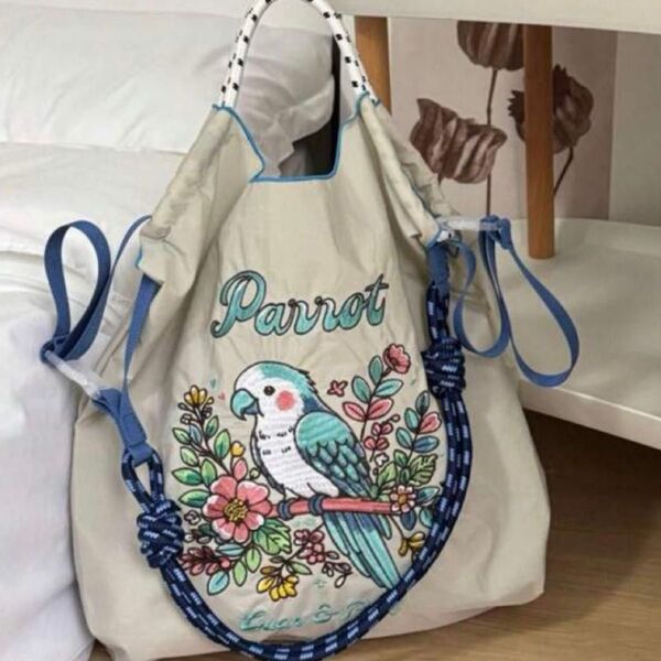 ショルダーベルト付 エコバッグ トートバッグ 2way 人気 可愛い 鳥 バード インコ刺繍 ナイロン 軽量 春夏