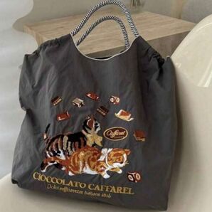 エコバッグ トートバッグ 撥水 軽量 大容量 刺繍 猫 ナイロン 軽量 軽い レディース かばん バッグ