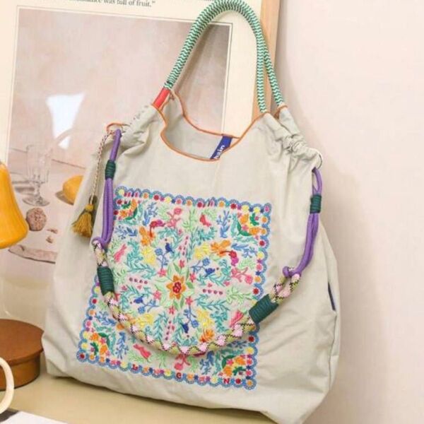 ショルダーベルト付 ストラップつき エコバッグ トートバッグ 花柄 刺繍 ナイロン 軽量バック 軽い グレー ショルダー 斜めがけ