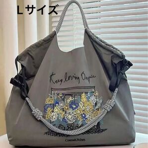 Lサイズ 大容量 ショルダーベルト付 エコバッグ トートバッグ 花柄 刺繍 ナイロン生地 人気 レディース 買い物