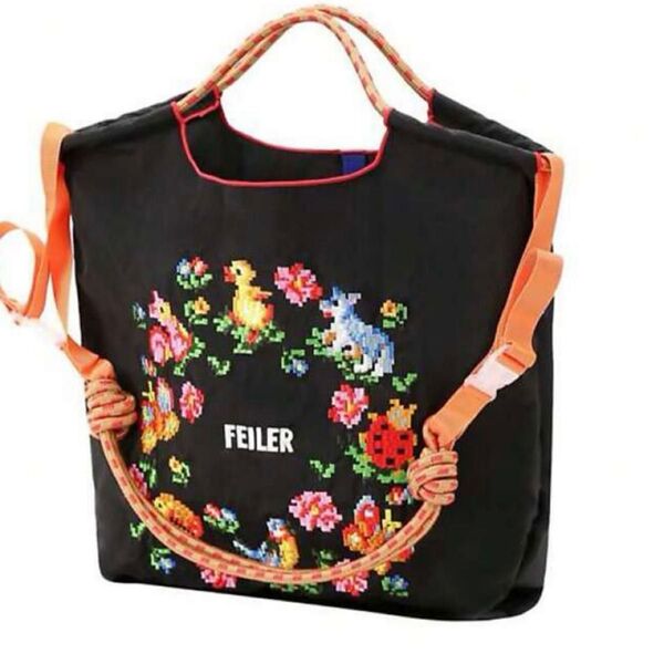 ストラップつき ショルダー紐つき エコバッグ 黒 軽量 トートバッグ 刺繍バッグ ナイロン 軽い レディース 人気 夏