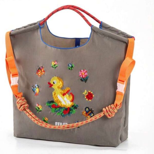 ストラップつき ショルダー紐つき エコバッグ グレー 軽量 トートバッグ 刺繍バッグ ナイロン 軽い レディース 人気 夏