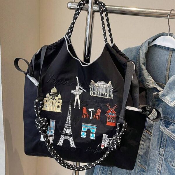 ブラック ショルダーストラップつき エコバッグ トートバッグ 肩掛け 刺繍 買い物 軽量