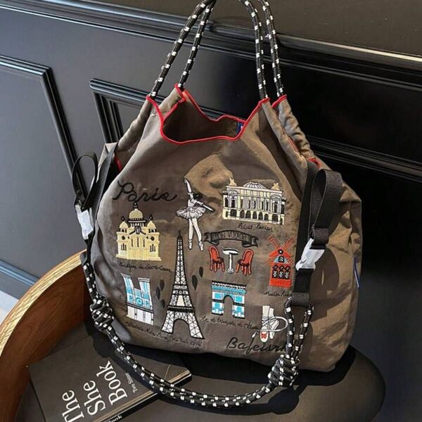 ショルダーベルト付 ショルダーバッグ トートバッグ エコバッグ グレー 大容量 刺繍バッグ レディース カバン 手提げ