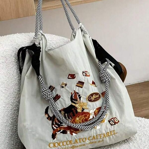 ショルダーベルト付 ショルダーバッグ エコバッグ トートバッグ 花柄 刺繍バッグ 軽量 レディース 手提げ 夏 猫