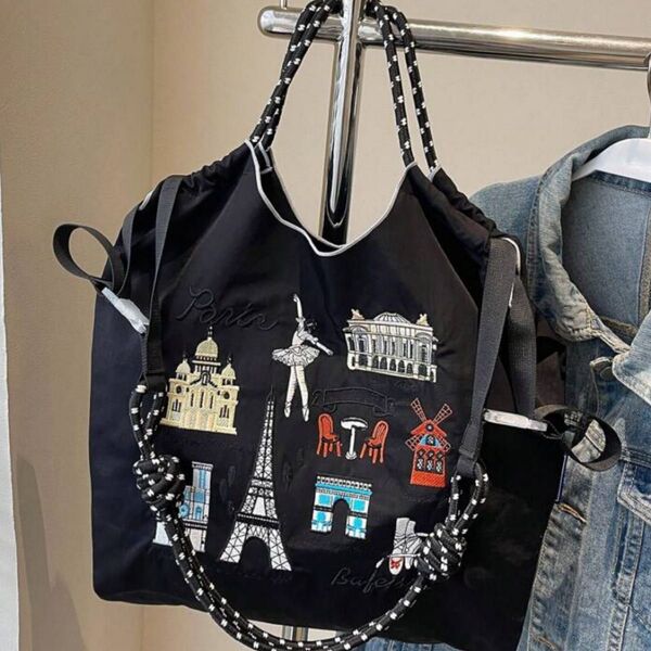 ブラック ショルダーストラップつき エコバッグ トートバッグ 肩掛け 刺繍 買い物 軽量