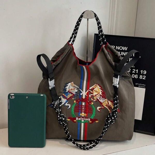 ショルダーベルト付 ストラップつき トートバッグ エコバッグ ハンドバッグ ショルダーバッグ 刺繍 買い物 夏 海 ショッピング