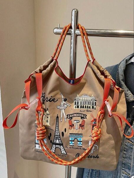 ショルダーベルトつき トートバッグ エコバッグ ハンドバッグ 刺繍バッグ パリス パリ 人気 ナイロン 軽量 軽い 通勤 通学