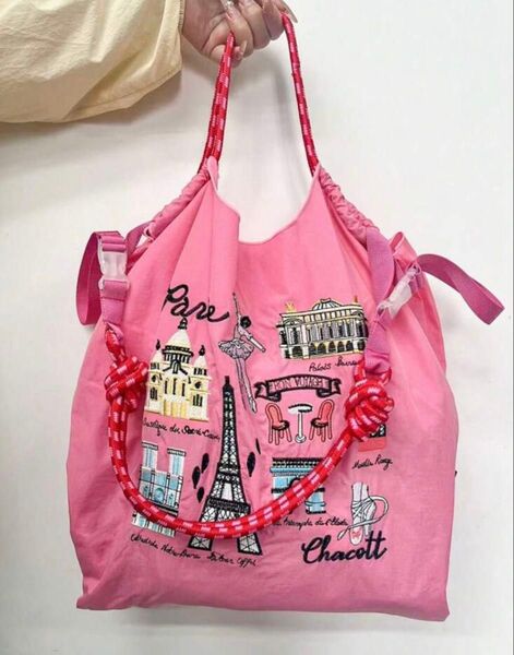 ショルダーベルト付 エコバッグ トートバッグ 軽量 ナイロン 刺繍 かばん レディース 買い物 軽い 夏 パリ