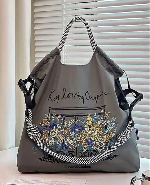 ショルダーベルト付 トートバッグ ショルダーバッグ エコバッグ グレー 花柄 刺繍 軽量 ナイロン 軽い アウトドア 普段使い