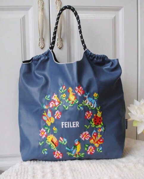 エコバッグ レザー 刺繍 トートバッグ 軽量 鳥 花 ブルー 軽量バッグ レディース かばん 夏 買い物 ショッピング 普段使い