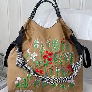 エコバッグ 大容量 ショルダーベルトつき コンパクト収納 軽量 撥水 刺繍 トートバッグ 斜めがけ 肩掛け シンプル 人気