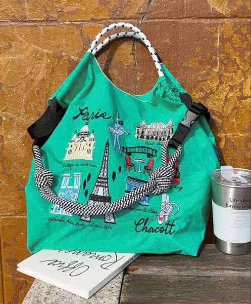 ショルダーベルトつき ストラップつき エコバッグ 折りたたみ 刺繍 コンパクト トートバッグ ナイロン 軽量 レディース