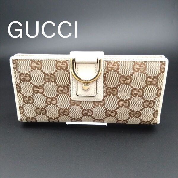 GUCCI グッチ 長財布 アビー キャンバス レザー GG柄 白 ブラウン 141412