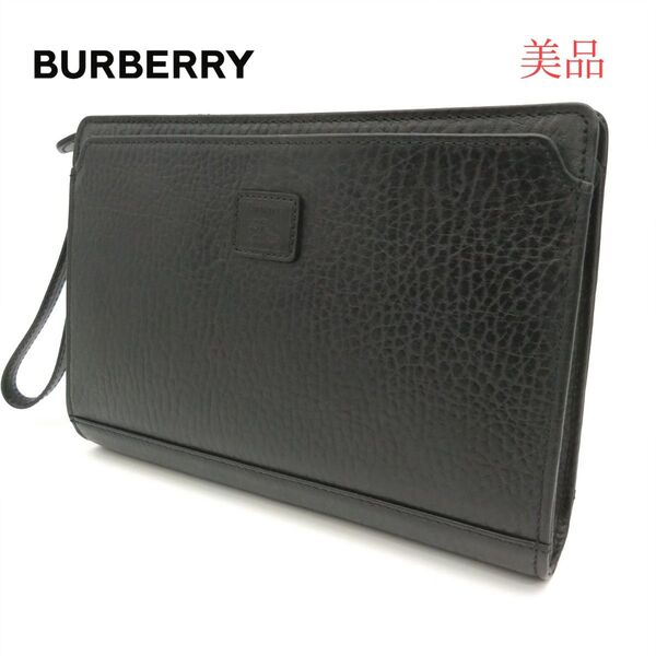 【美品】BURBERRY 希少 セカンド クラッチバッグ ノバチェック レザー シボ革 ブラック 黒 バーバリー ハンドストラップ
