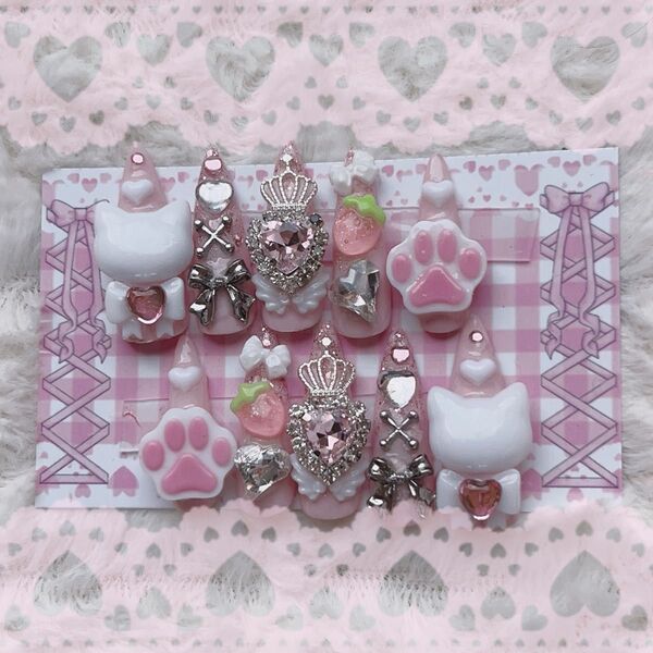 ネイルチップ ハンドメイド 地雷 量産型 ピンク 猫 羽 現品