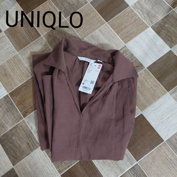 新品タグ付 UNIQLO ユニクロ リネンブレンドカフタンワンピース 半袖 綿麻 ブラウン M 送料込み