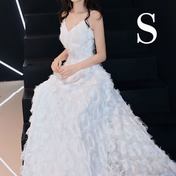 S フェザードレス 白 前撮り 二次会ウェディングドレス 前撮り フォトウェディング 撮影 白 韓国