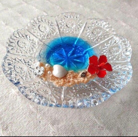 ハンドメイド ディップアートフラワー ハイビスカス 貝殻 ガラス 飾り皿 小物