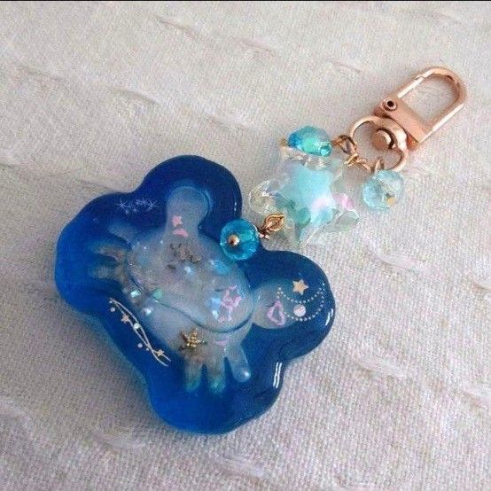 ハンドメイド 海レジン 蟹 貝殻 シェイカー チャーム キーホルダー