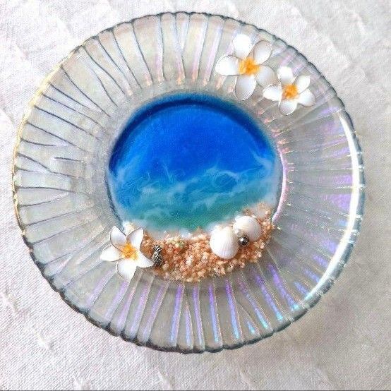 ハンドメイド ディップアートフラワー プルメリア 海レジン ガラス 飾り皿 小物