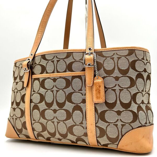 美品 COACH コーチ トートバッグ シグネチャー 肩掛け ハンド レザー キャンバス ショルダー レディース 6335