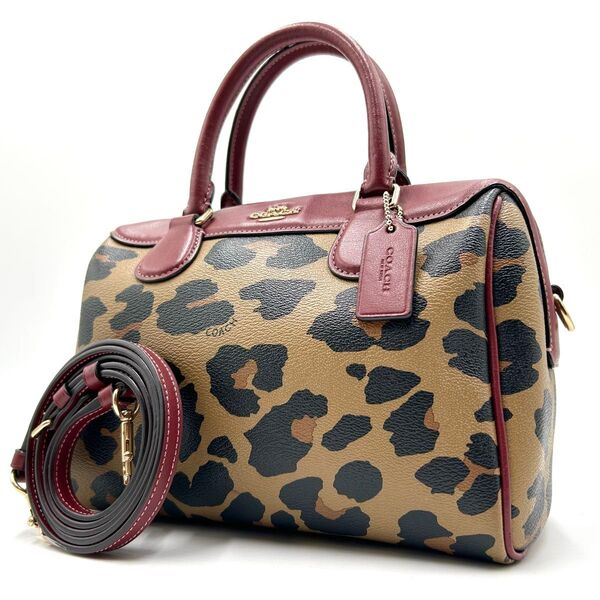 極美品 コーチ COACH ベネット ミニボストン 2way ショルダーバッグ 斜め掛け ハンド レザーPVC レオパード 豹柄