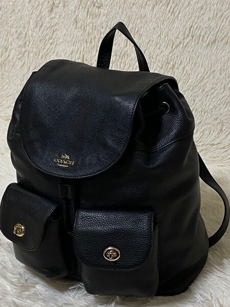 COACH バックパック リュックサック ブラックペブルドレザー 巾着型 コーチ シボ革 A4可能 美品