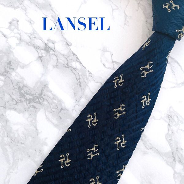 極美品LANSELネクタイ ネイビー*ゴールド シルク100% 総柄