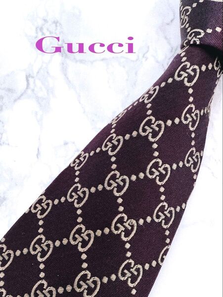 ★極美品★GUCCIネクタイ GG柄 シルク100% ボルト系×ゴールド 光沢