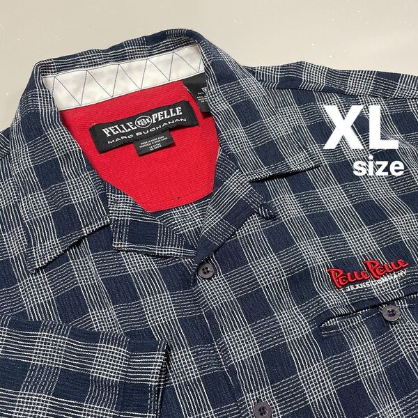 PELL PELL ペレペレ 半袖開襟シャツ XL ネイビー チェック柄 メンズ トップス カジュアル 楊柳