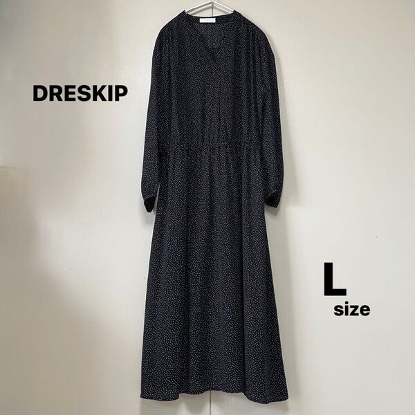 未使用に近い DRESKIP ドレスキップ キーネックワンピース 長袖 ロング L ドット 黒