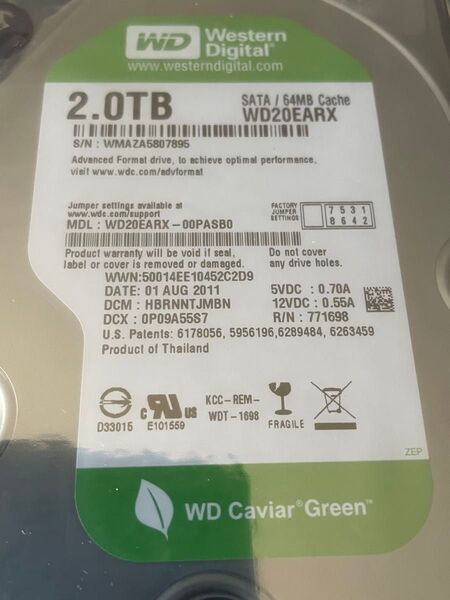 Western Digital 2TB HDD WD20EARX 新品 未開封 BOX品 デッドストック