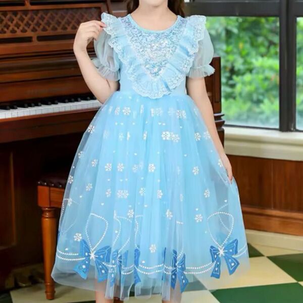 キッズ 子供 女の子 チュールドレス 発表会 イベント プリンセス 誕生日 110サイズ 水色 リボン柄 コスプレ 衣装