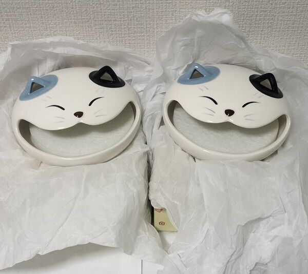 薬師窯 福笑い猫蚊遣器 虫除け 蚊除け 蚊取り線香置き 2個セット