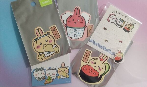 最終 値下 ちいかわ寿司 ステッカー うさぎ 茶 + うさぎ いくら + うさぎ ガリ + メモ紙 + ミニシール