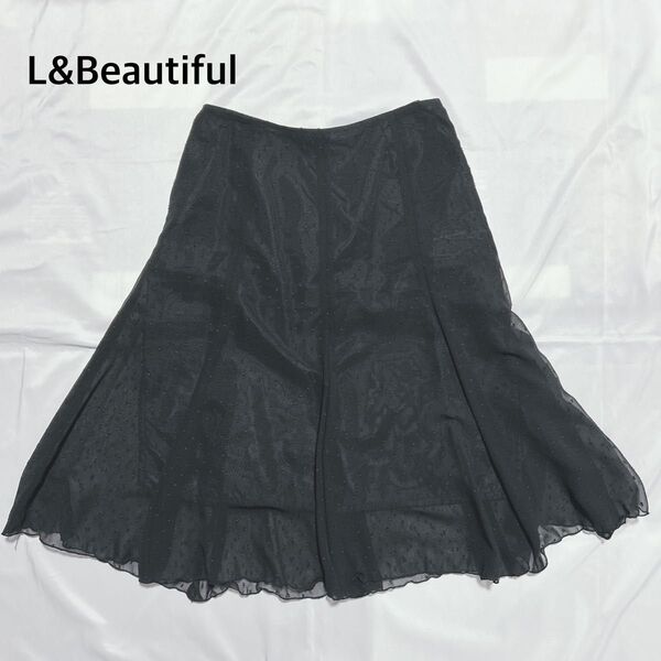 L&Beautiful フレアスカート 膝丈 黒 総柄 シアー 裏地あり