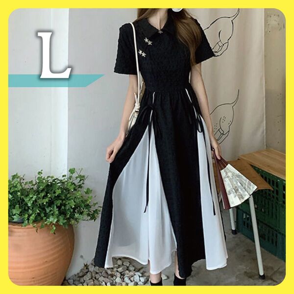 L チャイナ服 チャイナ風ドレス 半袖 ロング ワンピース バイカラー フレア レディース