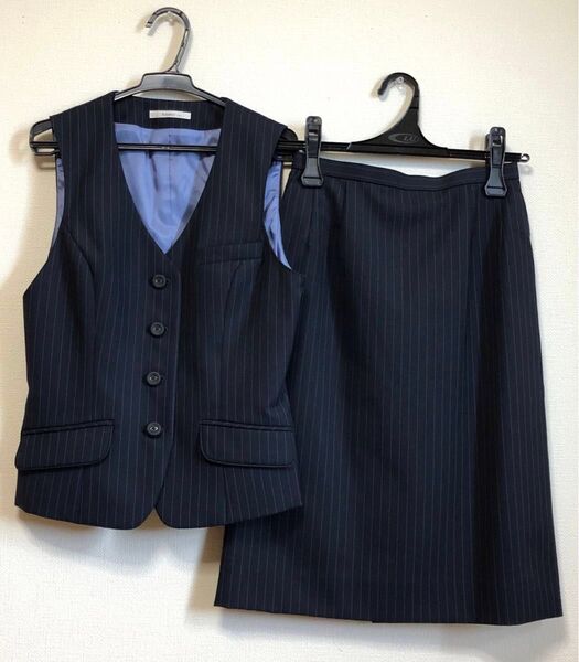 美品 事務服 5号 ベスト スカート ビジネス ネイビー ポンマックス セロリー 上下セット 制服 ベストスーツ