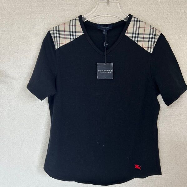 【未使用タグ付き】BURBERRY バーバリー ノバチェック柄切替Vネック半袖Tシャツ S 黒