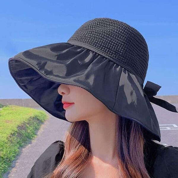 麦わら帽子ストローハット リボン黒UVカット 紫外線つば広折りたたみ