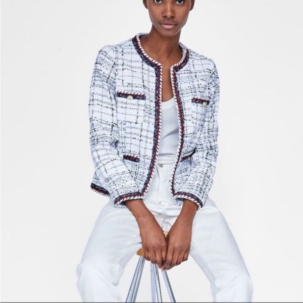 ZARA ザラ マリン トリコ ツイード ジャケット ノーカラー