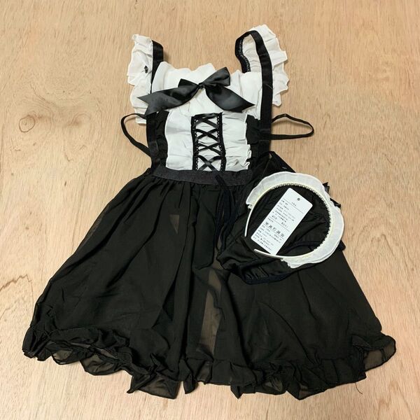ワンピース コスチューム ブラック リボン カチューシャ 未使用 メイド風 可愛い ふわふわ コスプレ